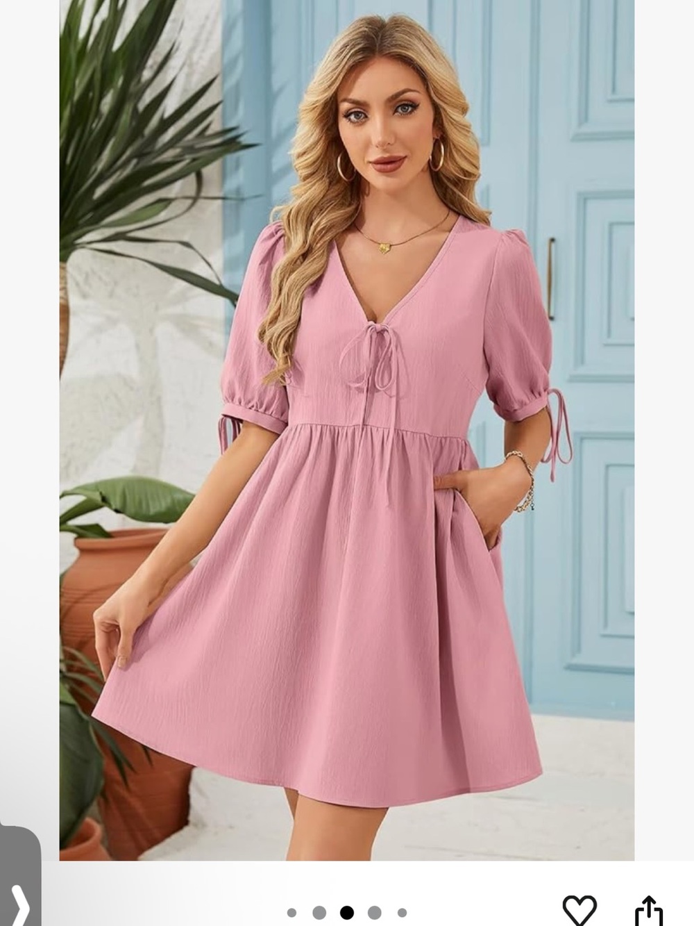 Amazon Pink V-Neck Tie-Front Mini Babydoll Dress
